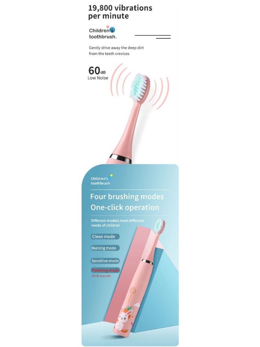 Electric children's toothbrush with soft bristles, featuring a two-minute timer and six replacement heads