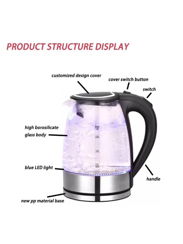 New Chinese burgundy silicon electric kettle, 1.8 L with blue lights
