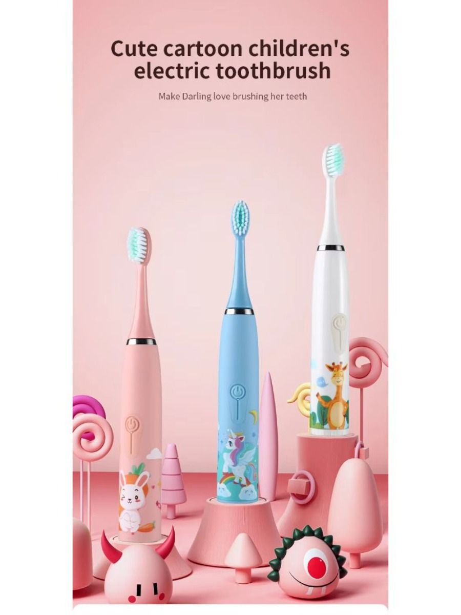 Electric children's toothbrush with soft bristles, featuring a two-minute timer and six replacement heads