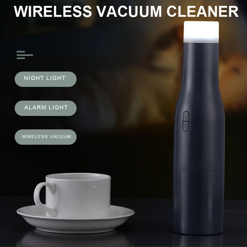 Cordless Desktop Car Vacuum Cleaner Miniature Size with 2500 mAh Battery, Night Light, USB Power Supply, and Drying Function