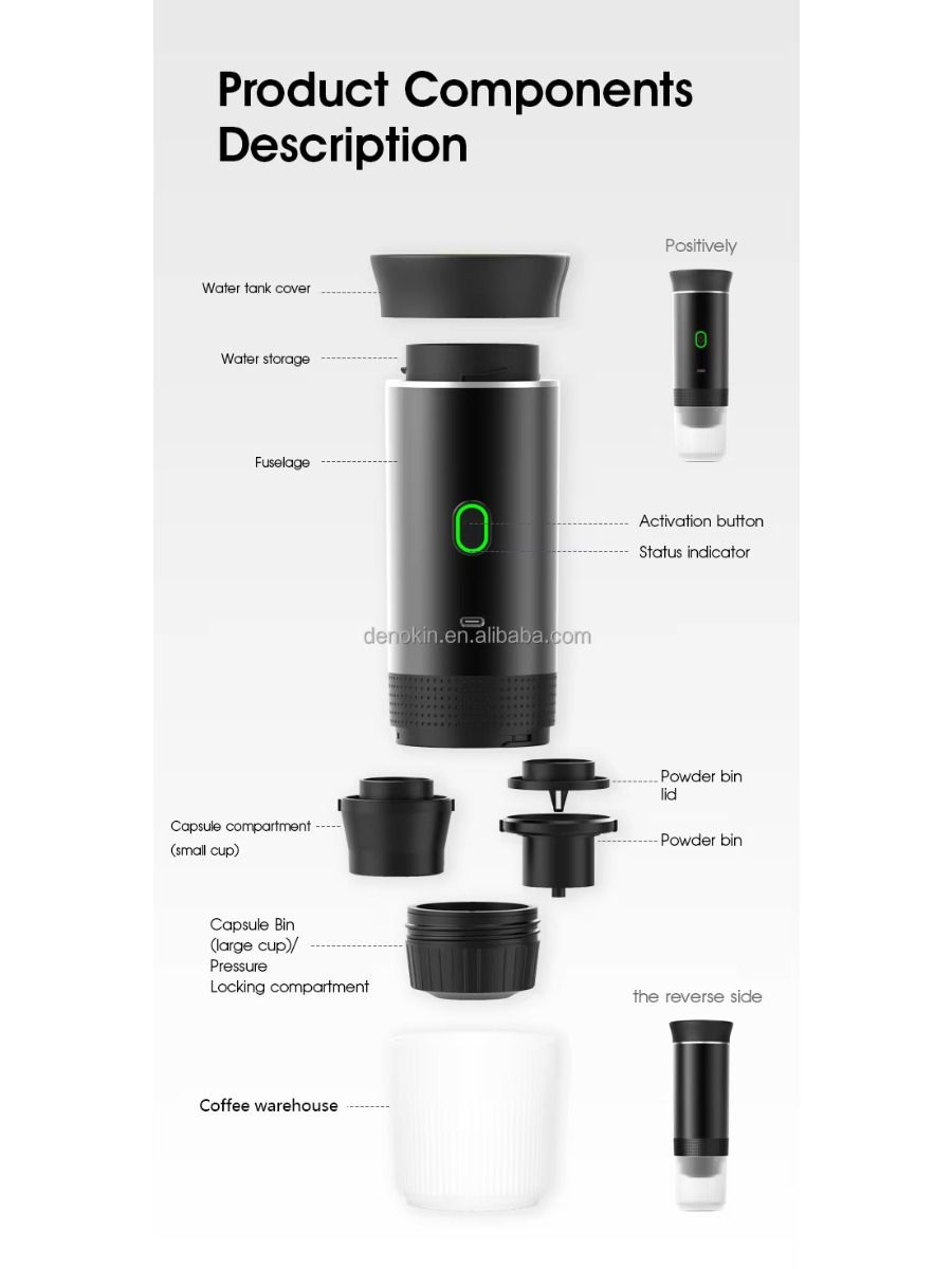 Electric portable coffee maker, battery-powered, suitable for car trips