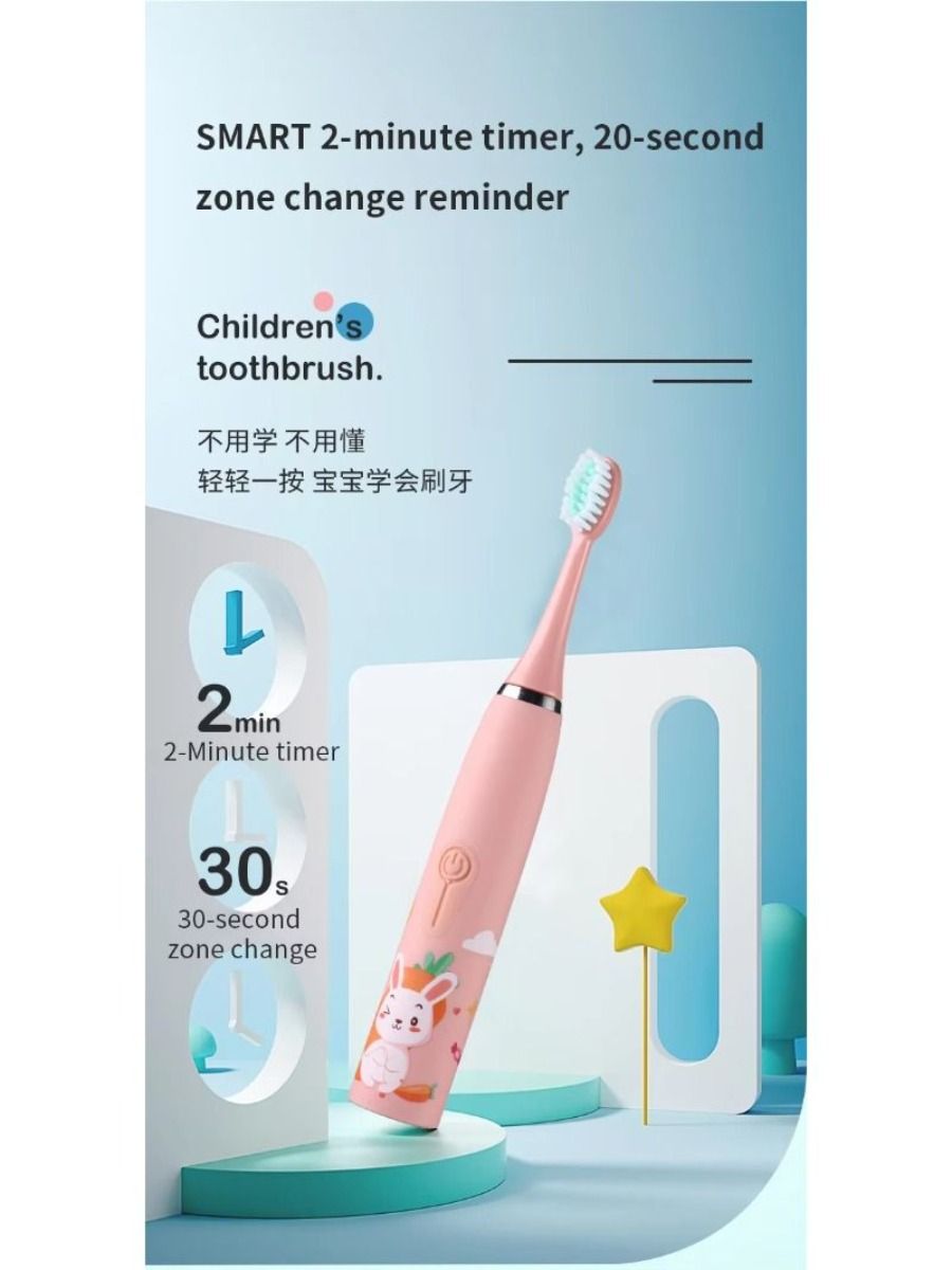 Electric children's toothbrush with soft bristles, featuring a two-minute timer and six replacement heads