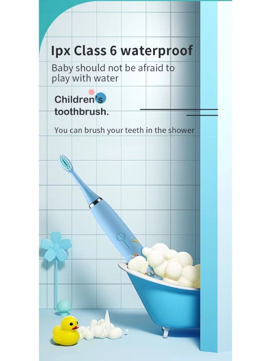 Electric children's toothbrush with soft bristles, featuring a two-minute timer and six replacement heads